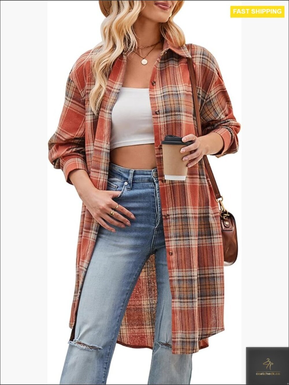 Mid Long Casual Button Down Flannel Shacket Jacket with Pockets